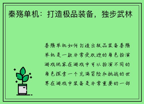秦殇单机：打造极品装备，独步武林