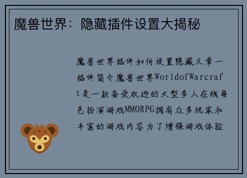 魔兽世界：隐藏插件设置大揭秘